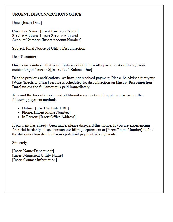 Municipal Utility Outstanding Balance Disconnection Letter