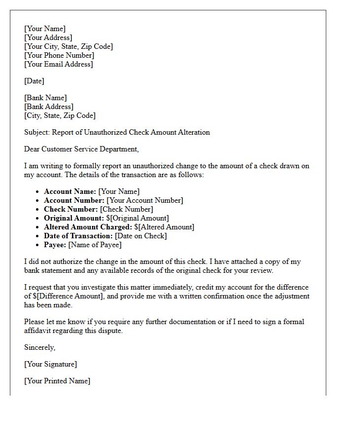 Account Holder Letter Reporting Unauthorized Check Amount Change