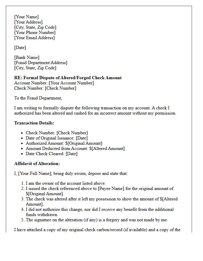 Affidavit and Dispute Letter for Forged Check Amount