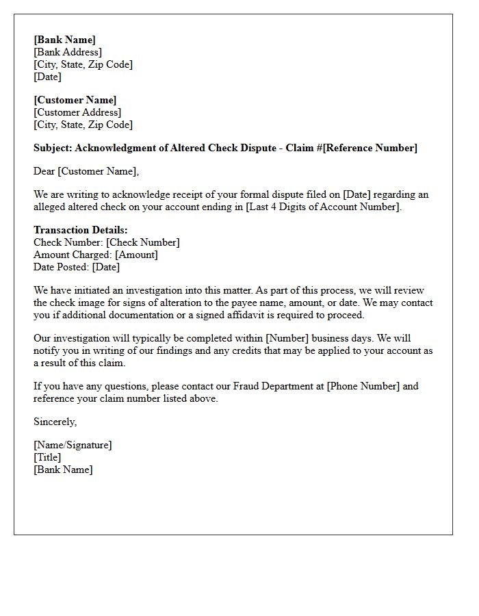 Bank Acknowledgment Letter of Altered Check Dispute