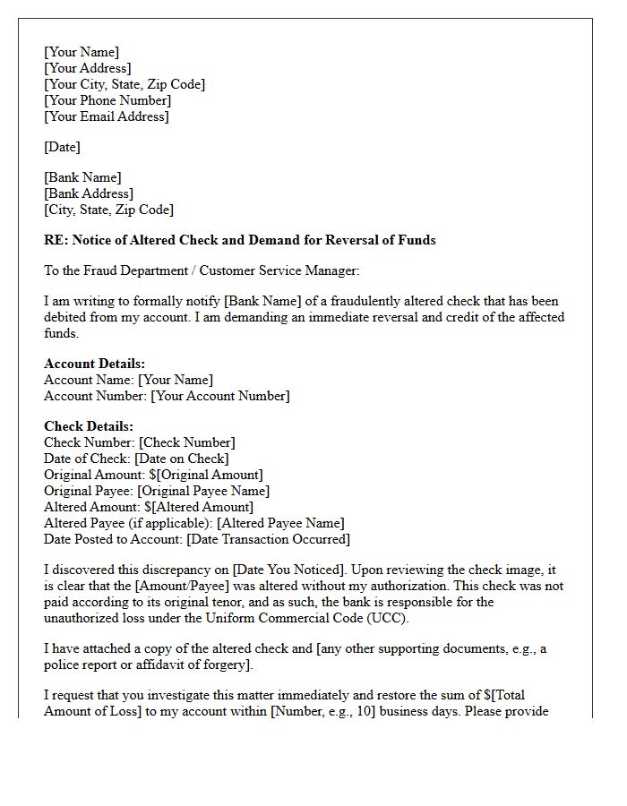 Customer Letter Demanding Reversal of Altered Check Funds