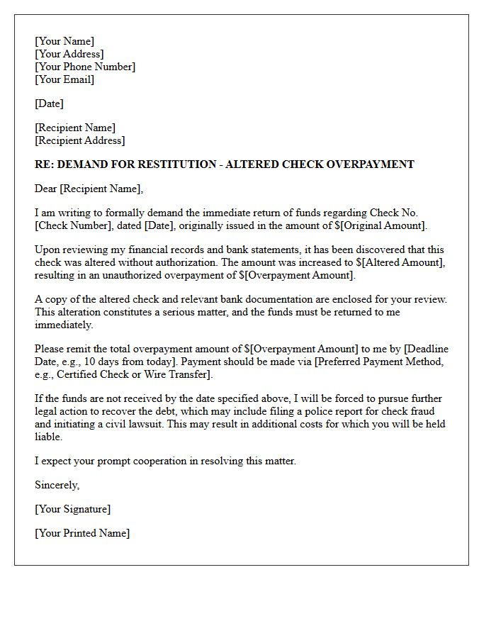 Demand Letter for Restitution of Altered Check Overpayment