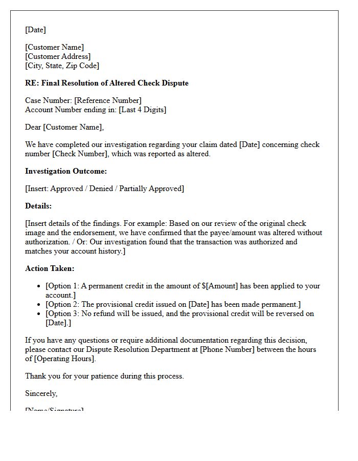 Final Resolution Letter Regarding Altered Check Dispute