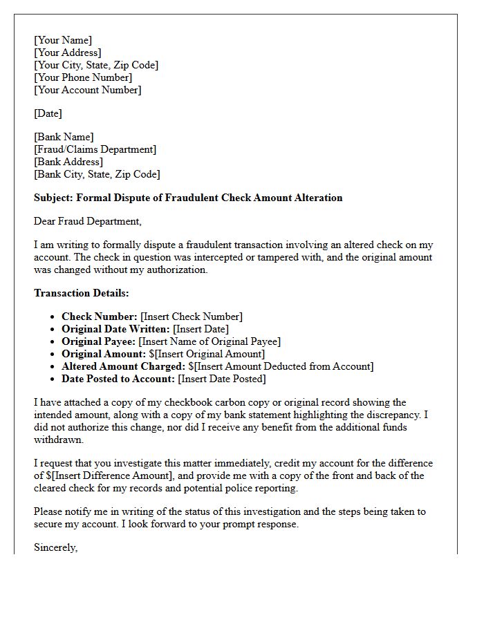 Formal Dispute Letter for Fraudulent Check Amount Alteration