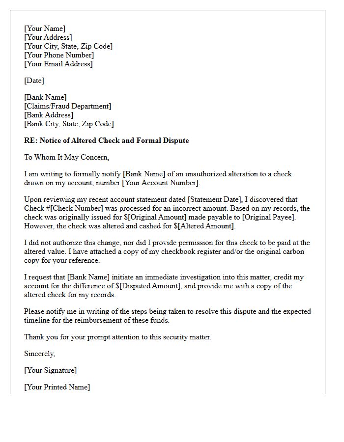Initial Notification Letter Regarding Altered Check Amount Dispute