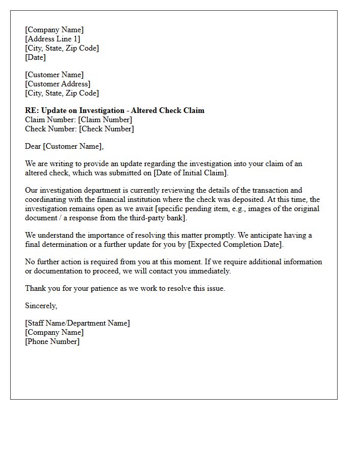 Investigation Update Letter Concerning Altered Check Claim