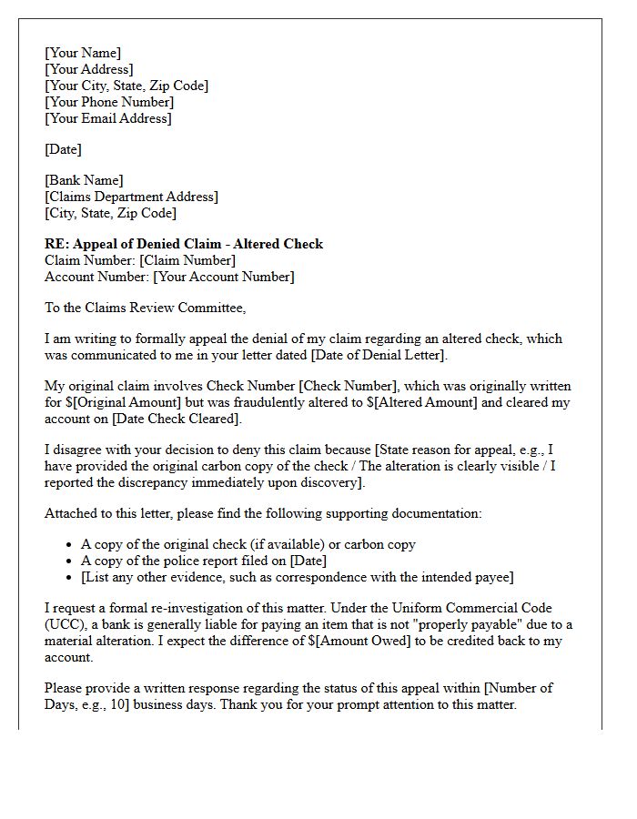 Letter of Appeal for Denied Altered Check Amount Claim