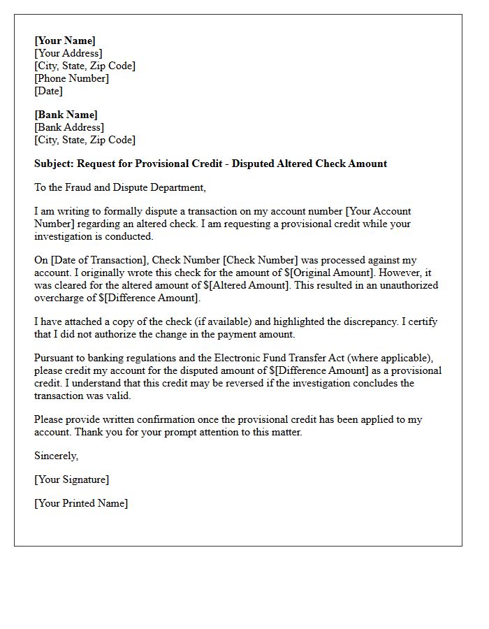 Provisional Credit Letter for Disputed Altered Check Amount