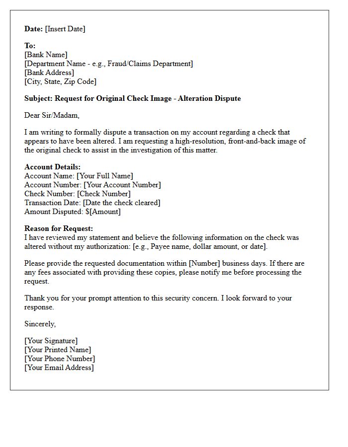 Request Letter for Original Check Image in Alteration Dispute