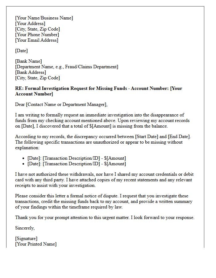 Business Letter Regarding Investigation of Disappeared Checking Account Funds