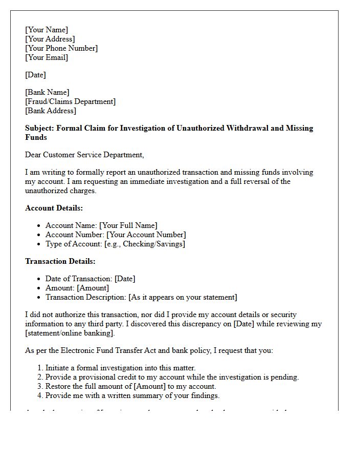 Claim Letter for Investigation of Unauthorized Withdrawal and Missing Funds