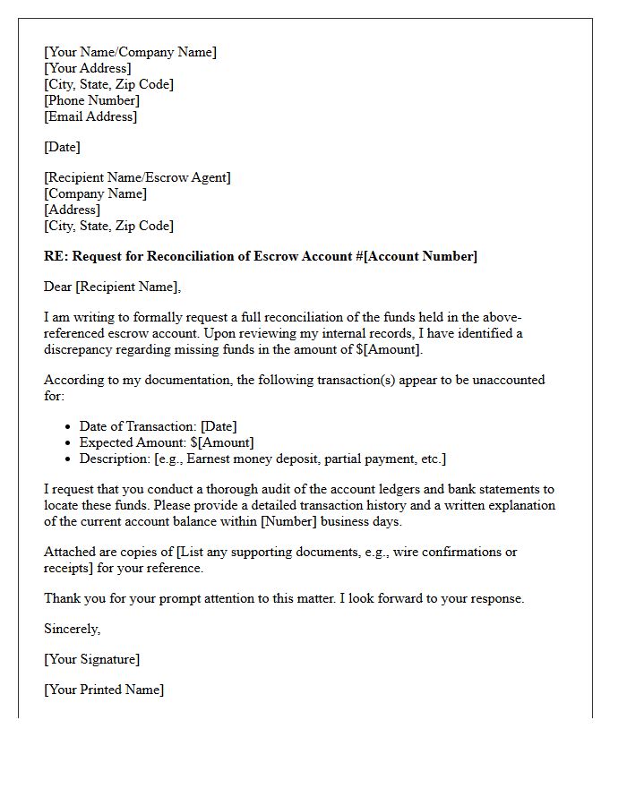 Client Letter Requesting Reconciliation of Missing Escrow Account Funds