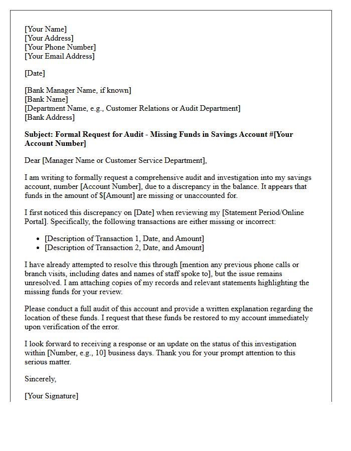 Customer Letter Requesting Audit of Missing Savings Account Funds