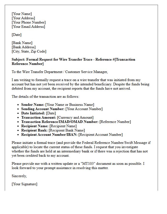 Dispute Letter Requesting Trace of Missing Wire Transfer Funds