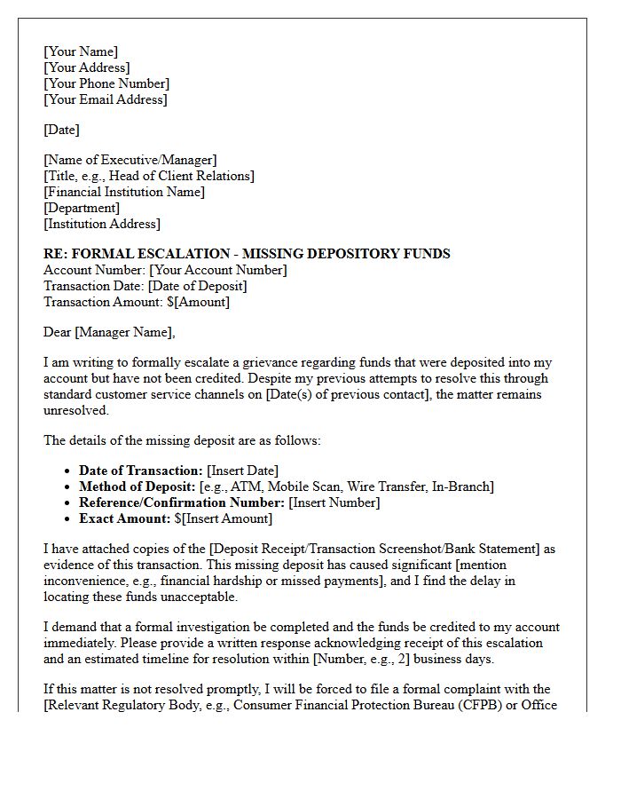 Escalation Letter Demanding Resolution for Missing Depository Funds