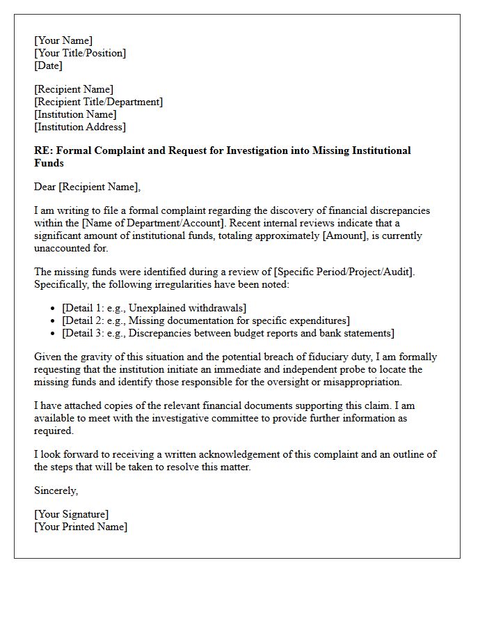 Formal Complaint Letter Initiating Probe Into Missing Institutional Funds