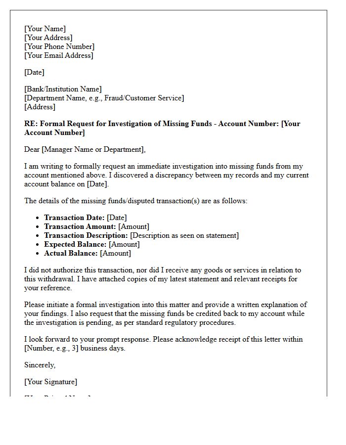 Formal Letter Requesting Investigation of Missing Account Funds
