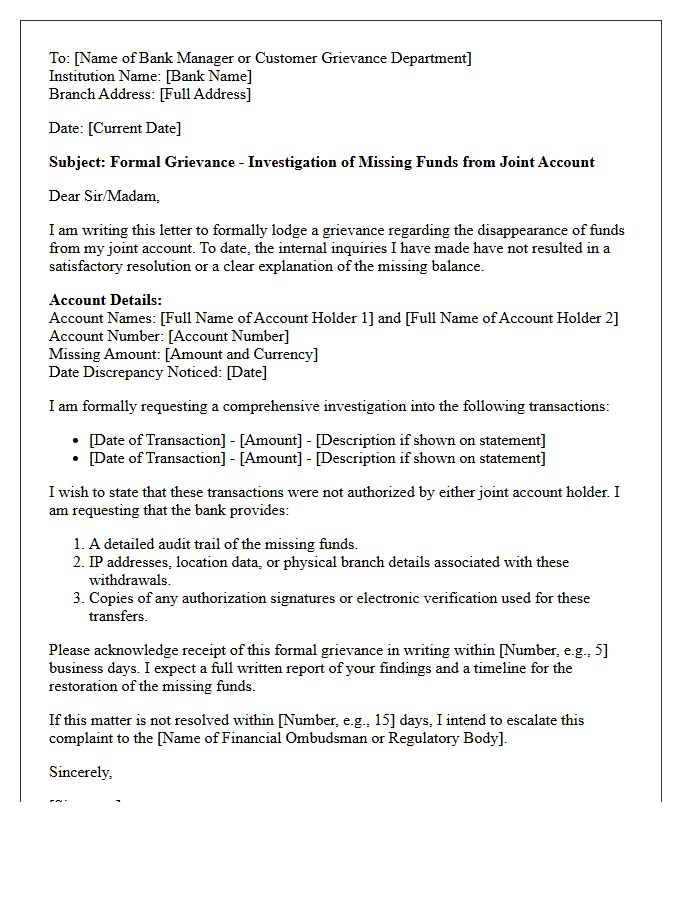 Grievance Letter Concerning Investigation of Missing Joint Account Funds