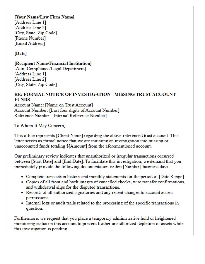 Legal Letter Initiating Investigation for Missing Trust Account Funds