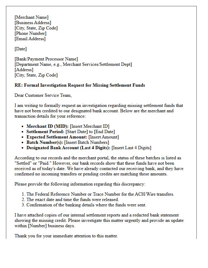 Merchant Letter Requesting Investigation of Missing Settlement Account Funds