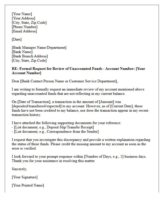 Notification Letter Requesting Review of Unaccounted Bank Account Funds