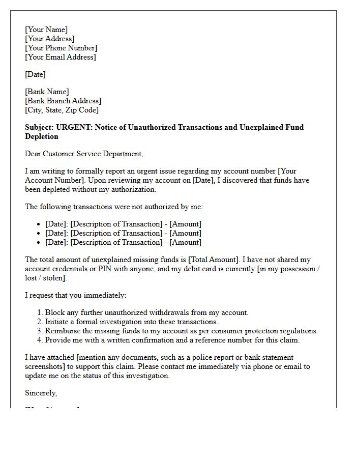 Urgent Letter Regarding Unexplained Depletion of Bank Account Funds