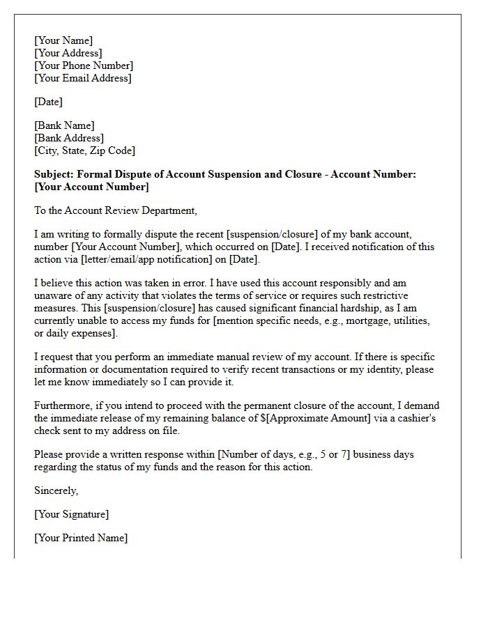 Bank Account Suspension and Closure Dispute Letter