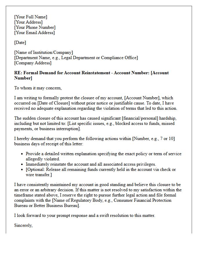 Demand Letter for Unjustified Account Closure Resolution
