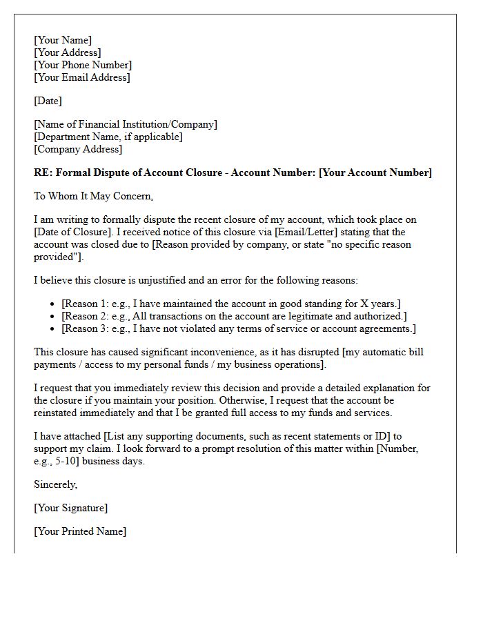 Dispute of Unjustified Account Closure Letter