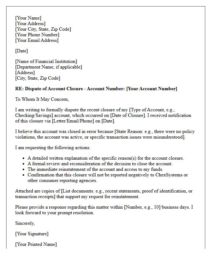 Financial Institution Account Closure Dispute Letter