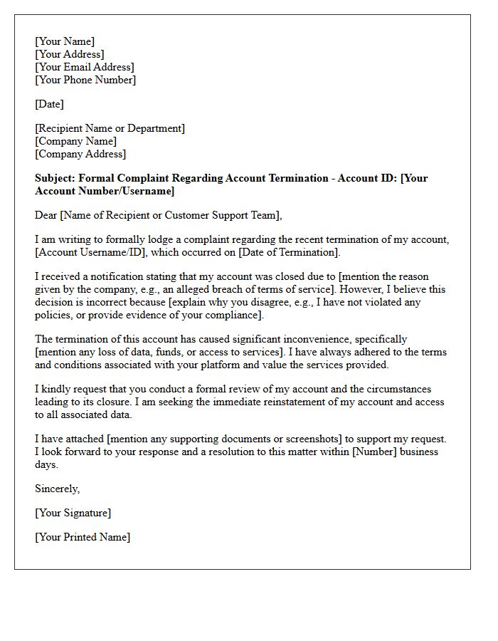 Formal Complaint Letter Regarding Account Termination