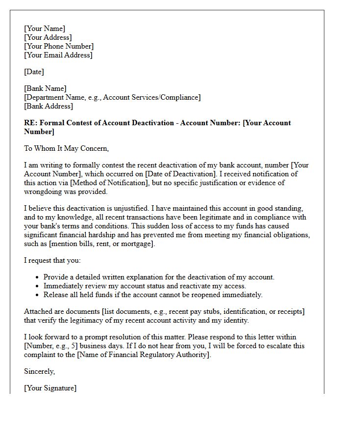 Letter Contesting Unjustified Bank Account Deactivation