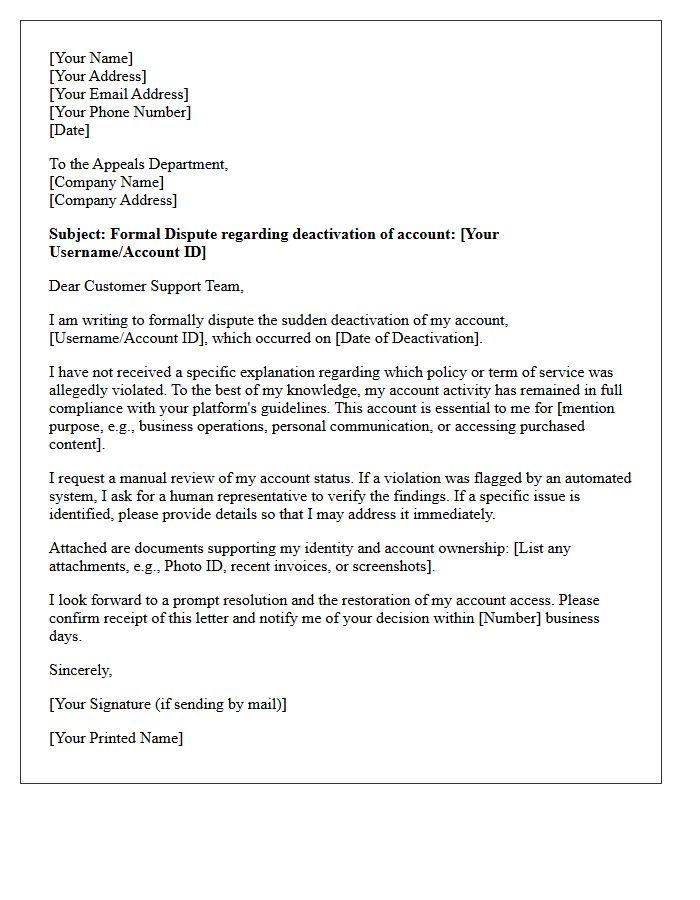 Letter of Dispute for Sudden Account Deactivation