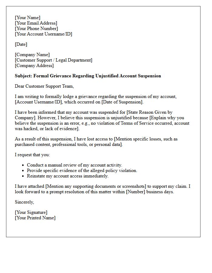 Letter of Grievance for Unjustified Account Suspension
