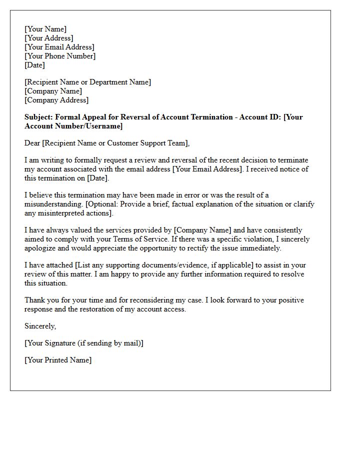 Letter Requesting Reversal of Account Termination