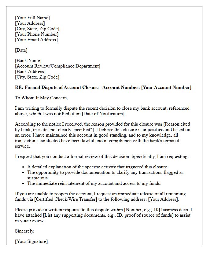 Official Letter Disputing Unjustified Banking Closure