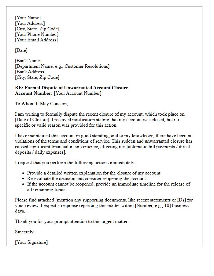Unwarranted Banking Account Closure Dispute Letter