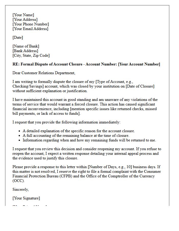 Wrongful Bank Account Closure Dispute Letter