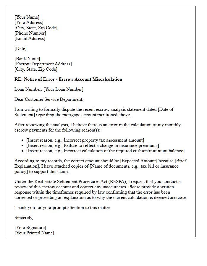Banking Escrow Funds Miscalculation Dispute Letter