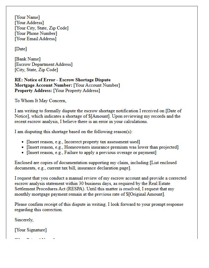 Banking Institution Escrow Shortage Dispute Letter