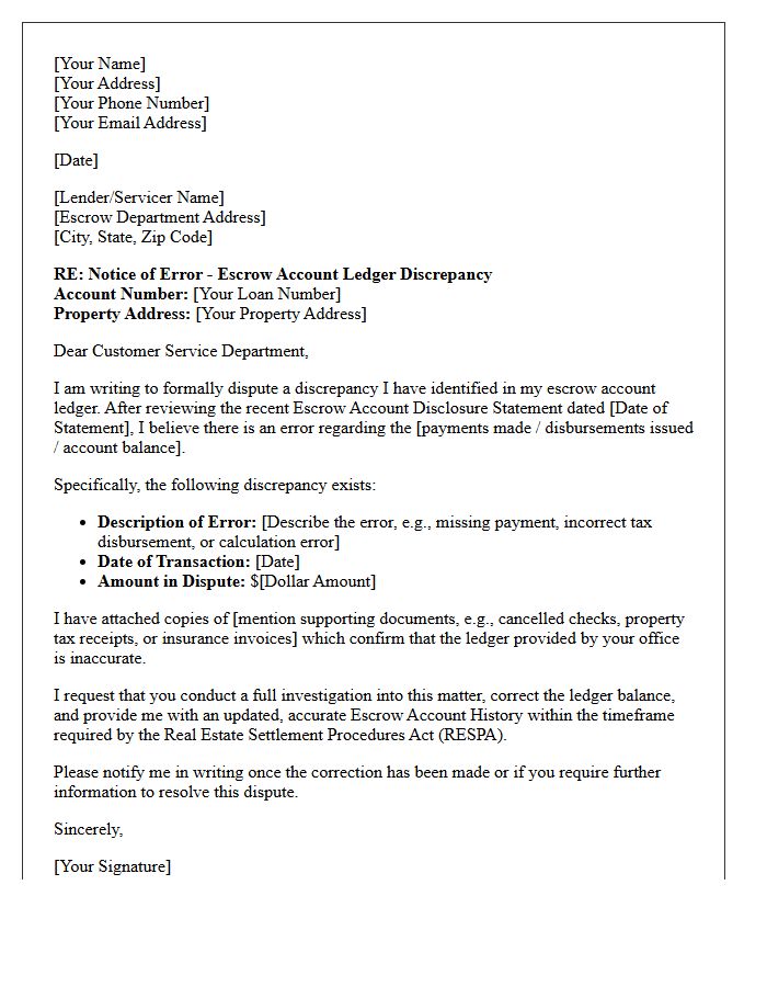 Escrow Account Ledger Discrepancy Dispute Letter