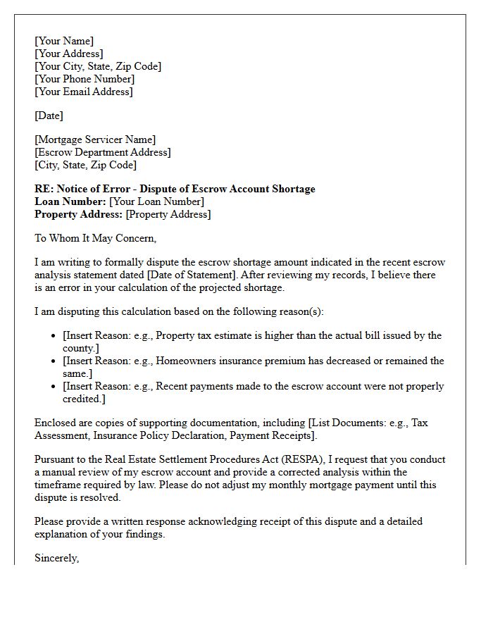 Escrow Account Shortage Calculation Dispute Letter