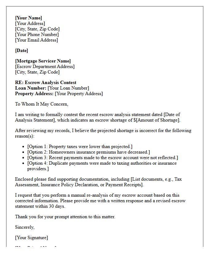 Escrow Analysis Shortage Contest Letter