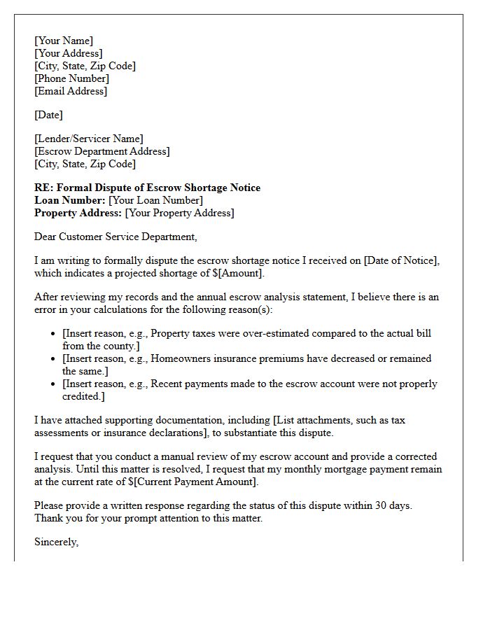Formal Dispute Letter Regarding Escrow Shortage Notice