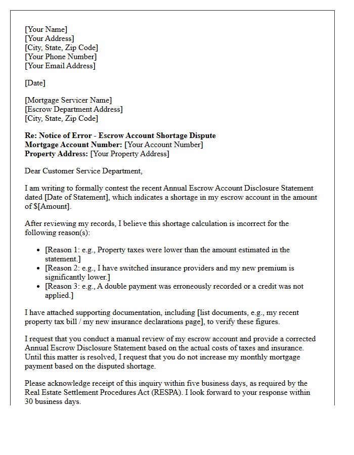 Letter Contesting Annual Escrow Account Shortage