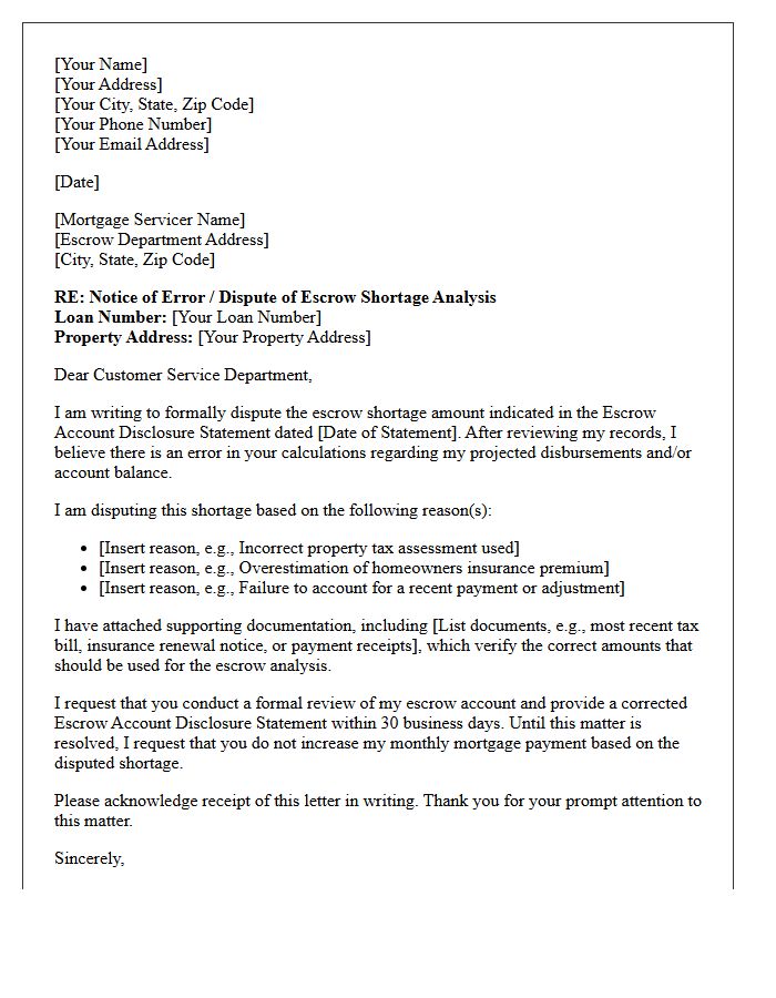 Letter of Dispute for Mortgage Escrow Shortage