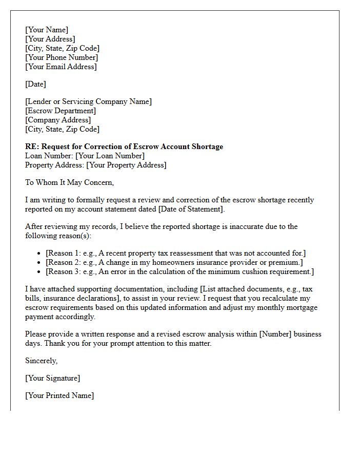 Letter Requesting Correction of Escrow Account Shortage
