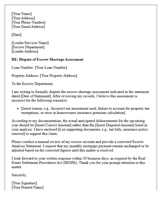 Letter to Dispute Improper Escrow Shortage Assessment