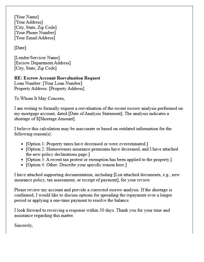 Mortgage Escrow Shortage Reevaluation Request Letter
