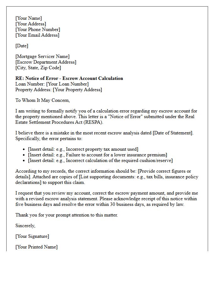 Notice of Escrow Account Calculation Error Letter